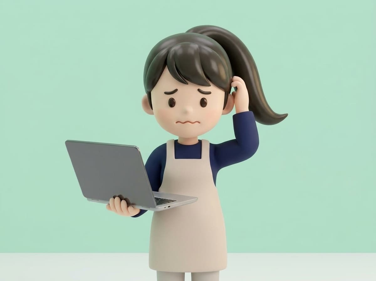 ノートPCを片手に、頭をかいて困った顔でこちらを見る店主。