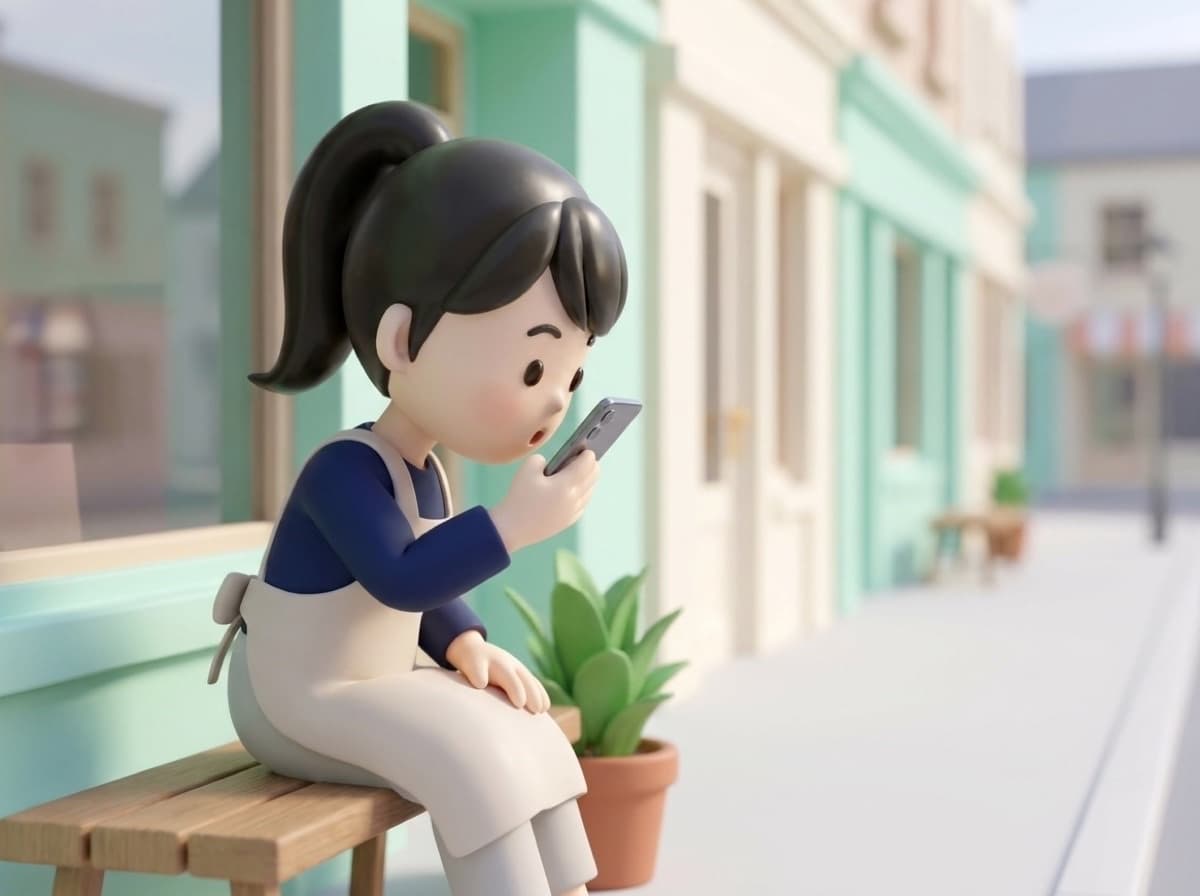 店先のベンチに座り、スマホをのぞき込む店主。